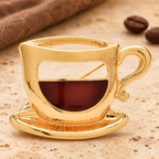 Enamel Coffee Cup and Saucer Brooch — styled background