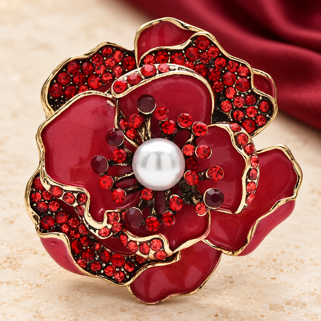 Jeweled Enamel Camellia with Pearl-Look Center Brooch — styled background