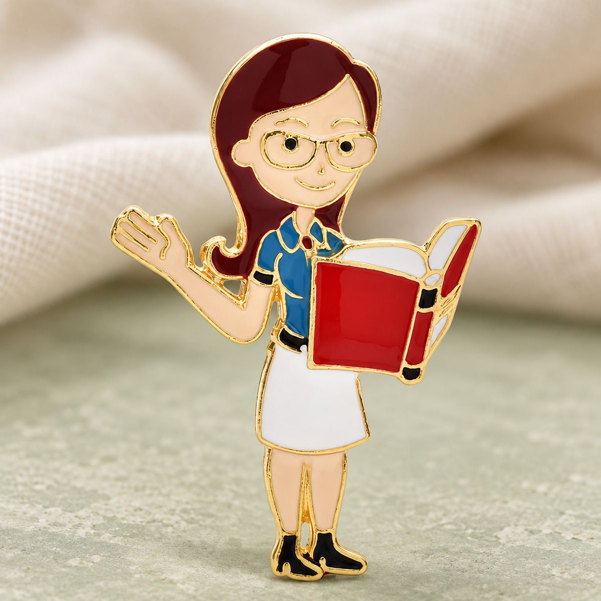 Enamel Reading Teacher Brooch — styled background