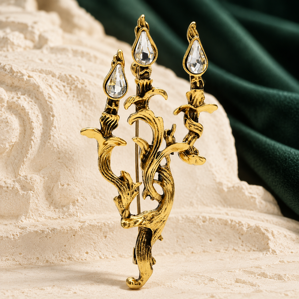 Vintage-Style Jeweled Candelabra Brooch — styled background