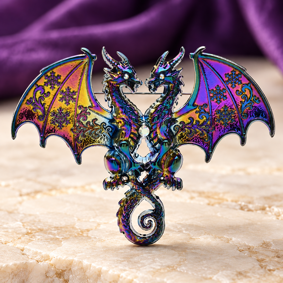 Enamel Twin Dragons with Patterned Wings Brooch — styled background