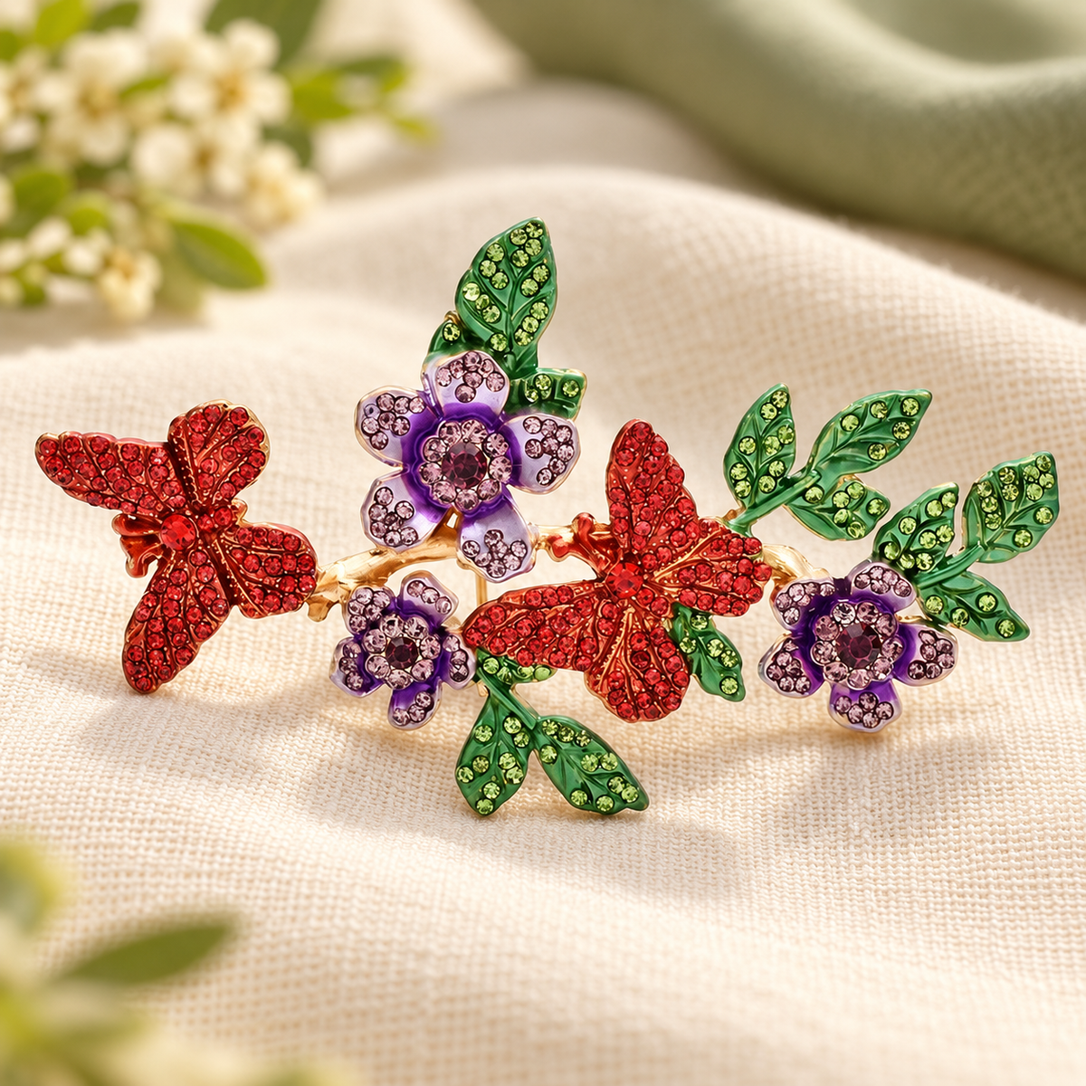 Rhinestone Butterfly and Flower Branch Brooch — styled background