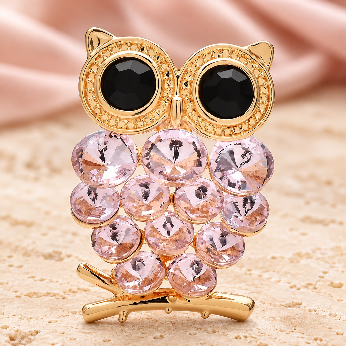 Jeweled Owl with Round Eyes Brooch — styled background