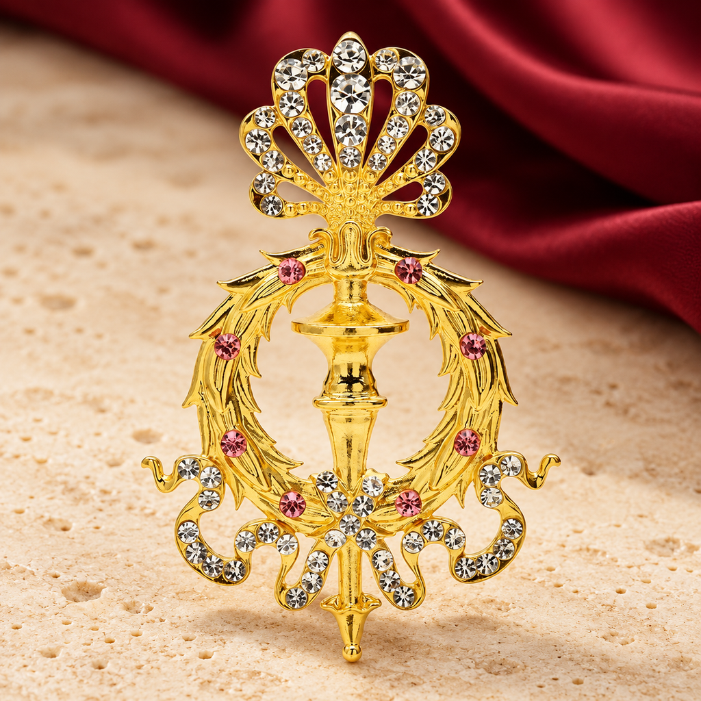 Jeweled Crown and Sword Emblem Brooch — styled background