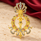 Jeweled Crown and Sword Emblem Brooch — styled background
