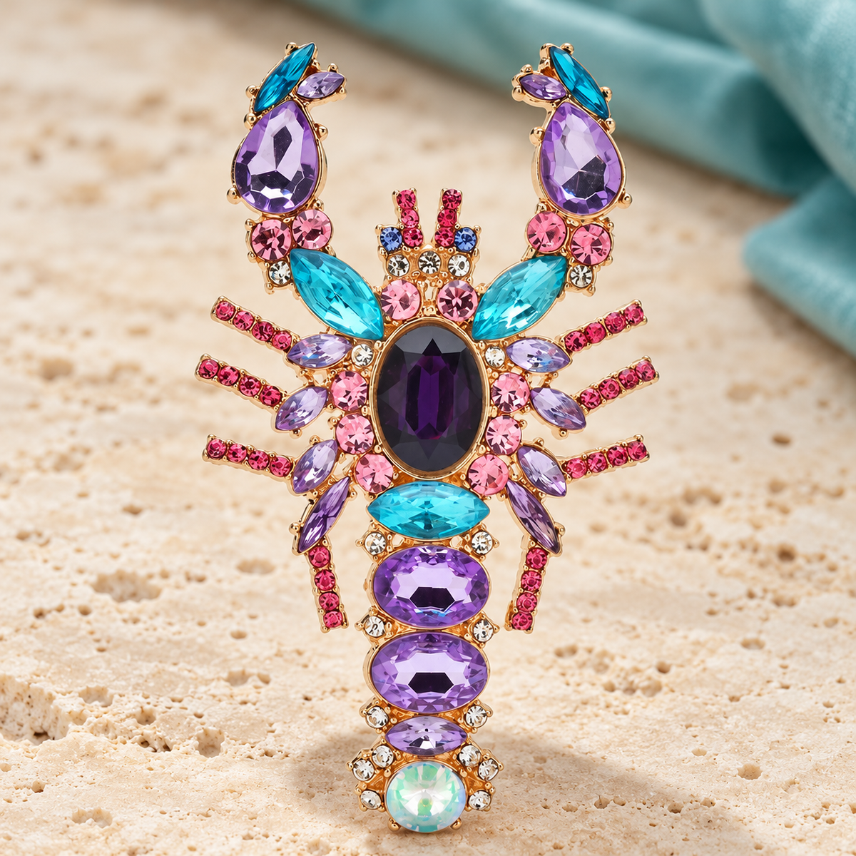 Jeweled Lobster with Faceted Stones Brooch — styled background