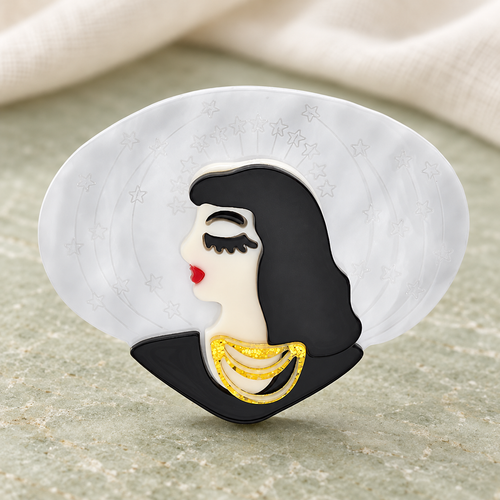Acrylic Portrait with Layered Necklace Brooch — styled background