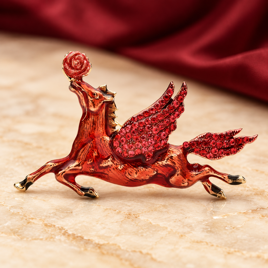 Winged Horse Holding a Rose Brooch — styled background