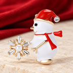 Enamel Snowman Holding a Snowflake Brooch — styled background