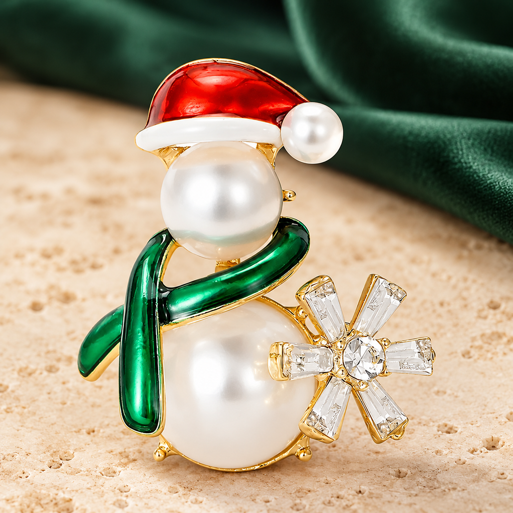 Pearl-Look Snowman with Green Scarf Brooch — styled background