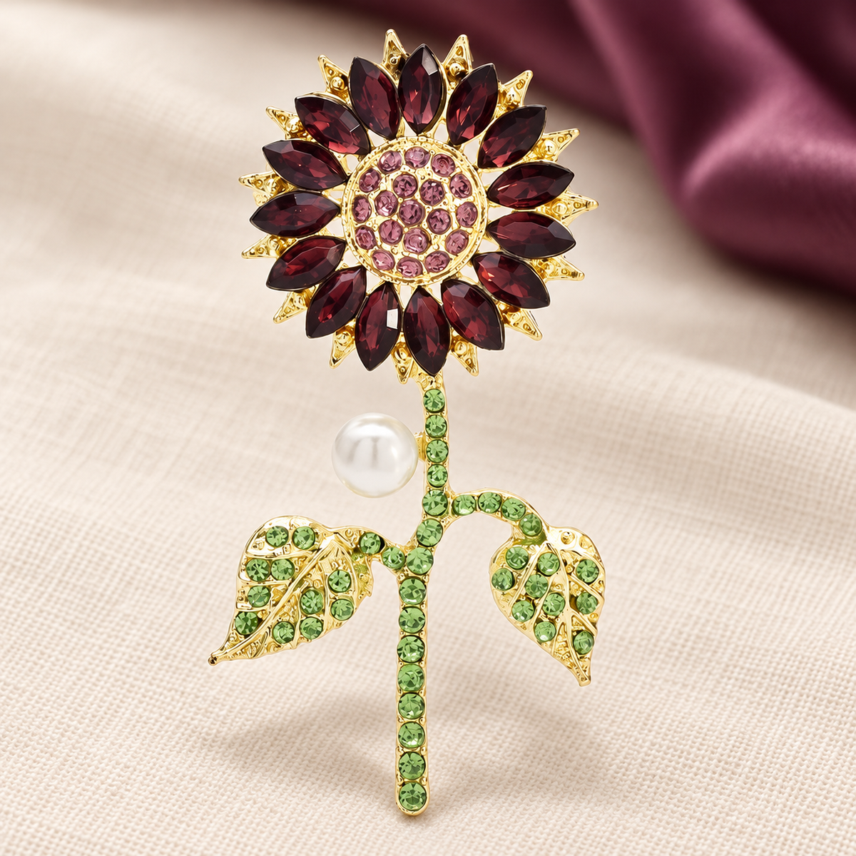 Purple Rhinestone Sunflower on Stem Brooch — styled background