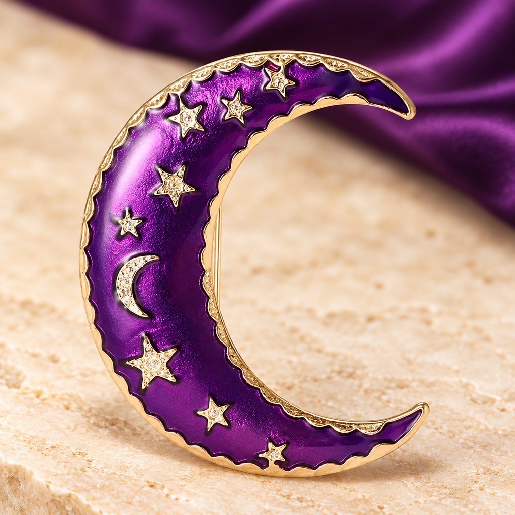 Starry Enamel Crescent Moon Brooch — styled background