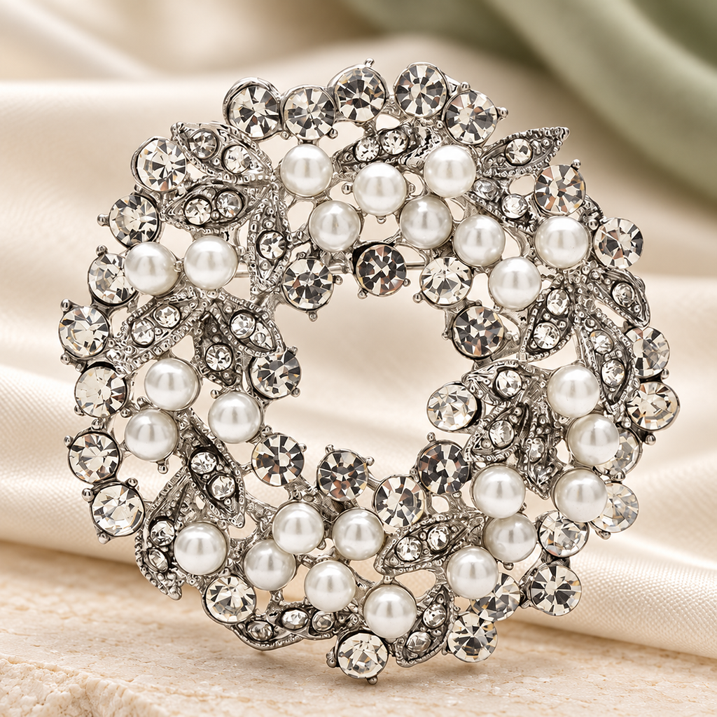Rhinestone Flower Wreath with Pearl-Look Beads Brooch — styled background