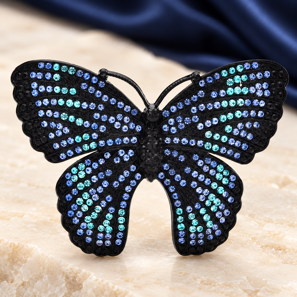 Sparkling Rhinestone Butterfly Brooch — styled background