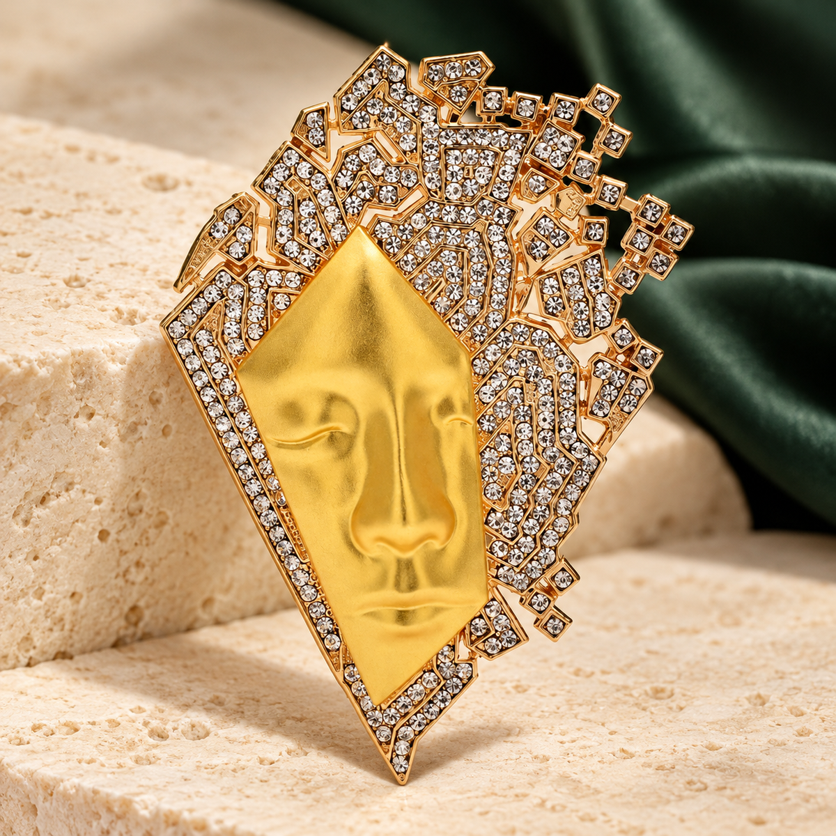 Geometric Face with Rhinestones Brooch — styled background