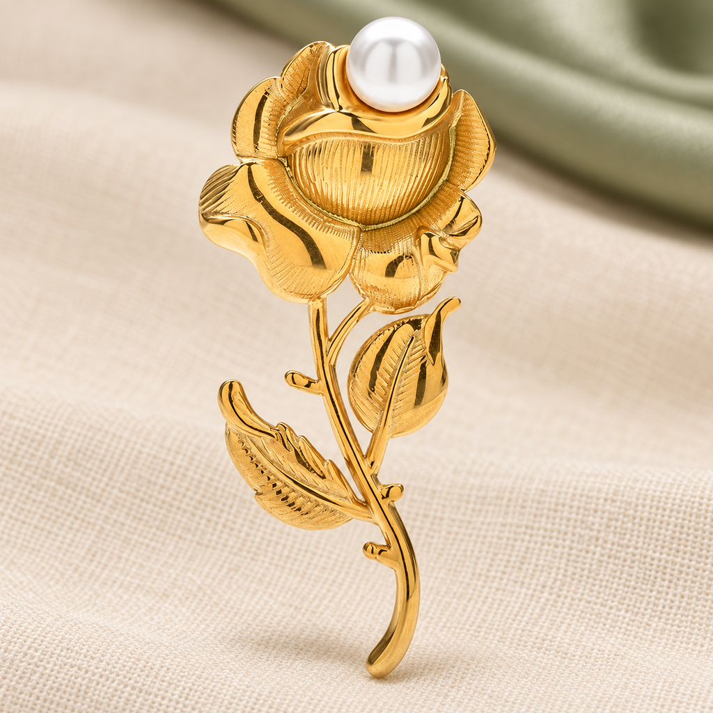 Metal Rose with Pearl-Look Center Brooch — styled background