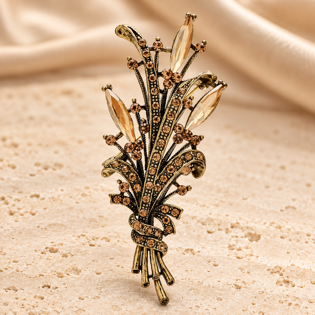 Vintage-Style Jeweled Wheat Bouquet Brooch — styled background