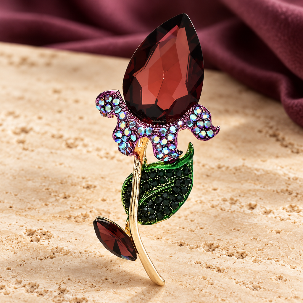 Faceted Tulip with Jeweled Leaves Brooch — styled background