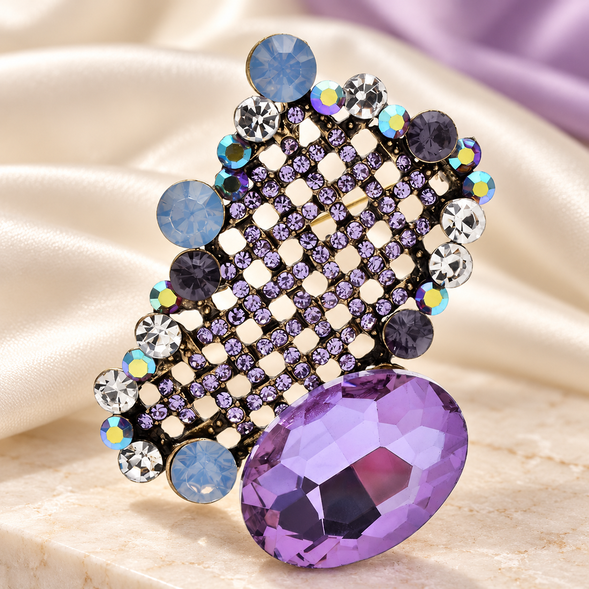 Jeweled Lattice with Faceted Oval Brooch — styled background