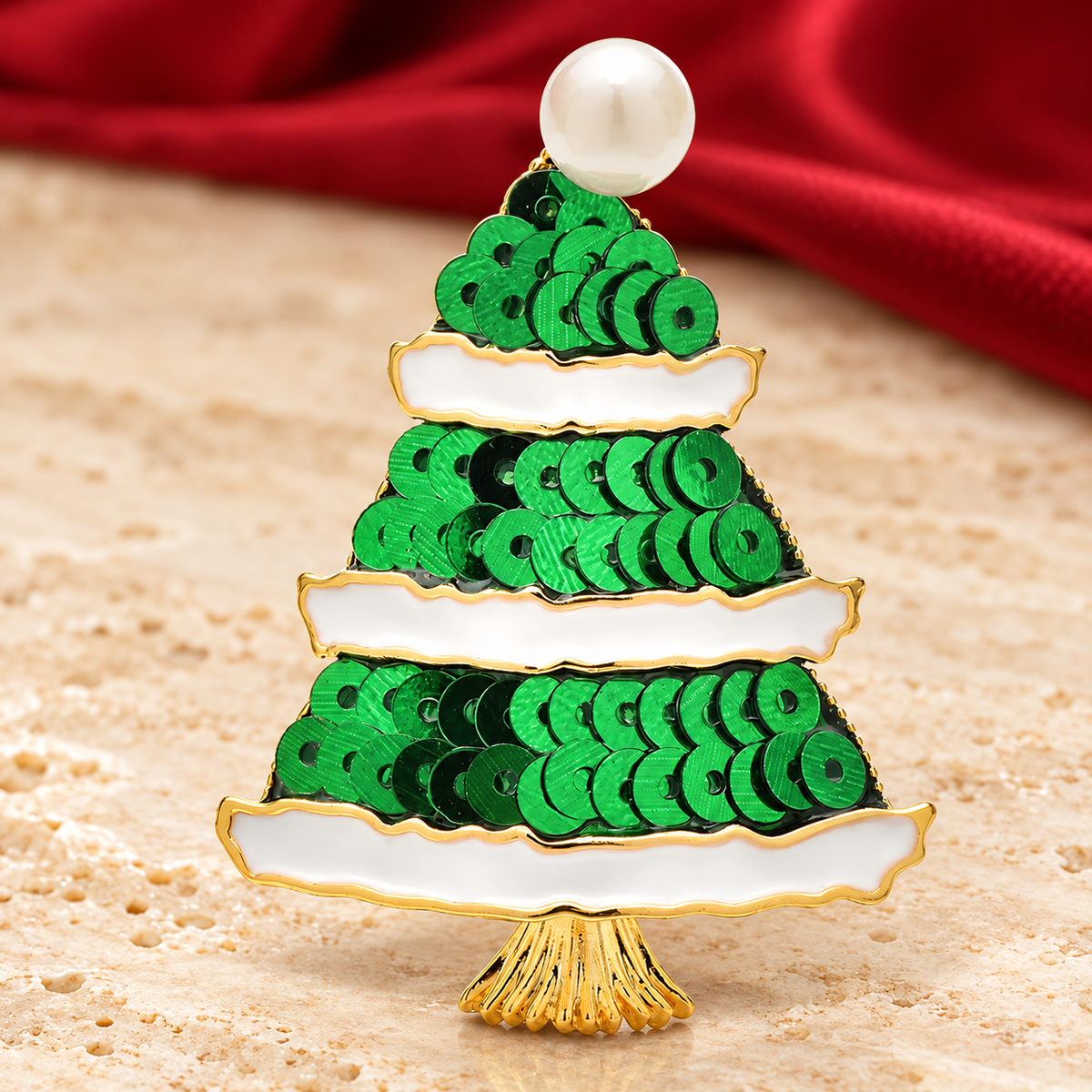 Green Sequin Christmas Tree with Pearl-Look Topper Brooch — styled background