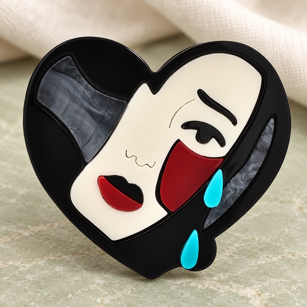 Acrylic Heart-Shaped Tearful Portrait Brooch — styled background
