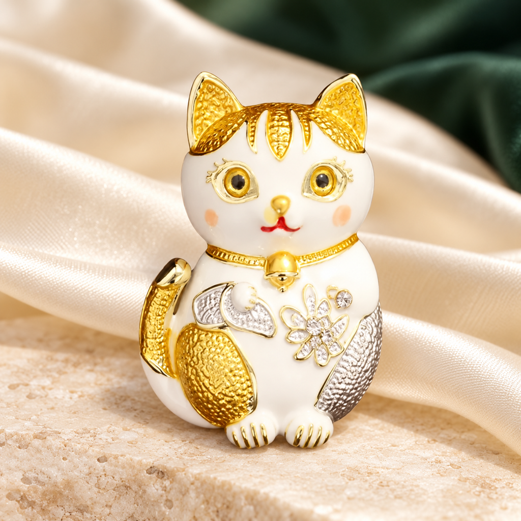 White and Gold Enamel Lucky Cat Brooch — styled background