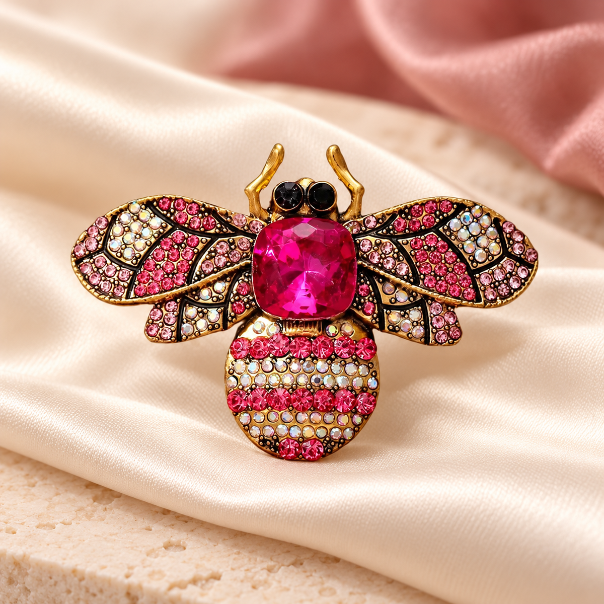 Vintage-Style Jeweled Bee Brooch — styled background