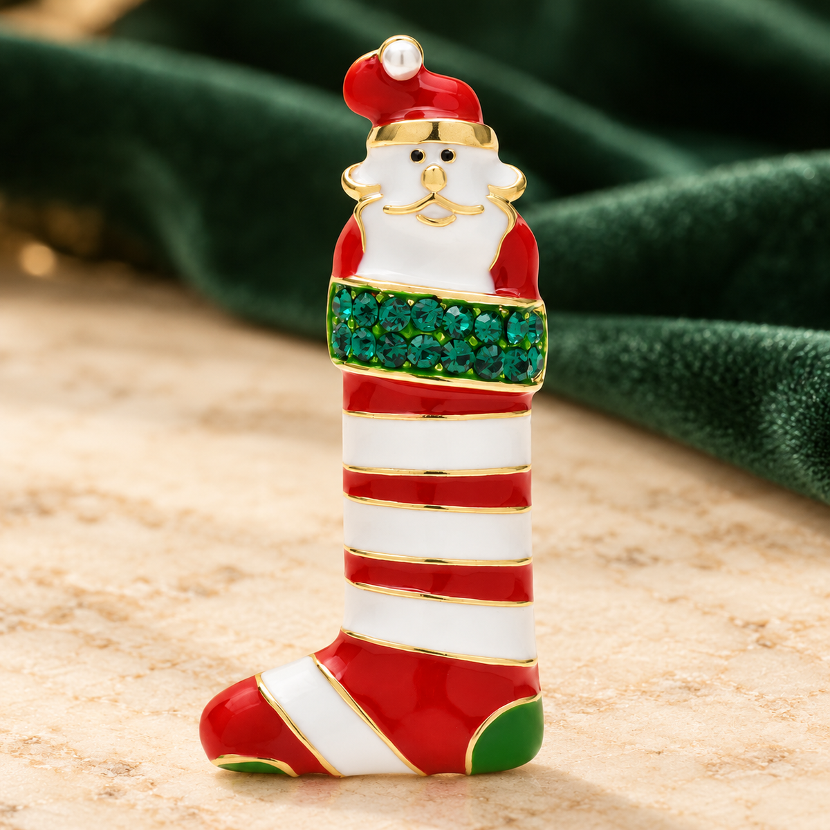 Santa in Striped Christmas Stocking Brooch — styled background
