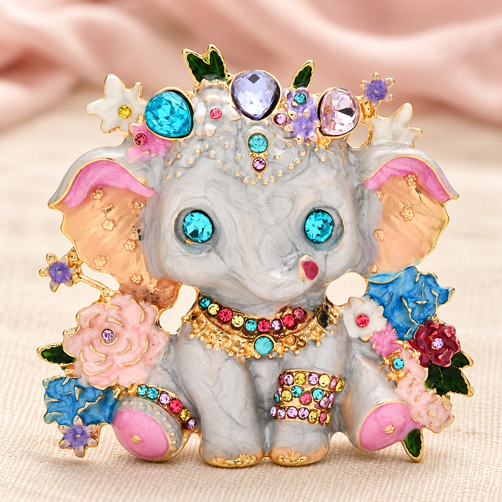 Jeweled Baby Elephant with Flowers Brooch — styled background