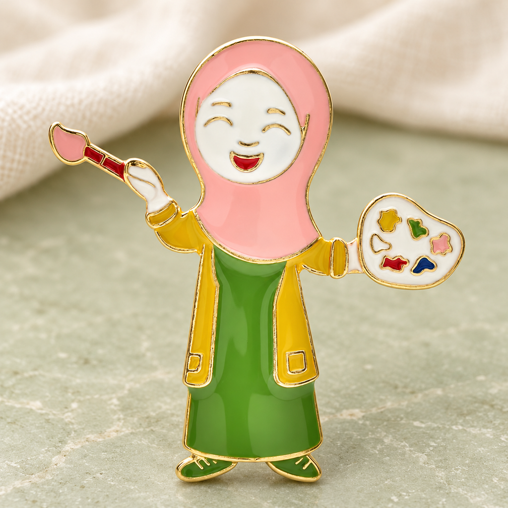 Enamel Painter with Palette Brooch — styled background
