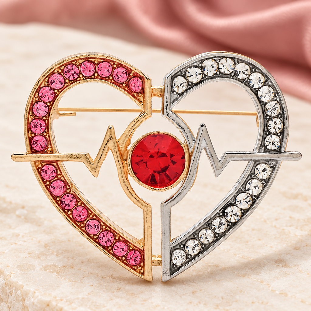 Heartbeat Heart with Red Faceted Stone Brooch — styled background