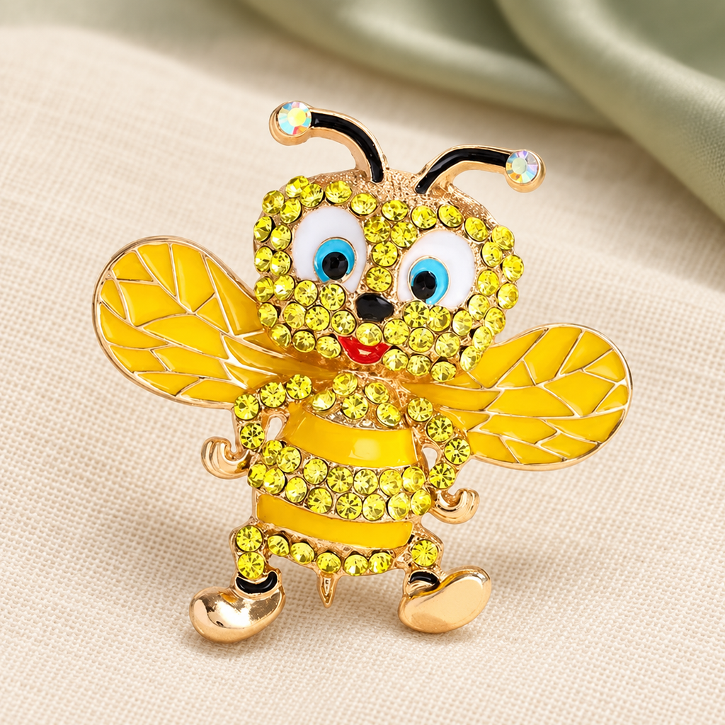 Smiling Enamel Bee with Rhinestones Brooch — styled background