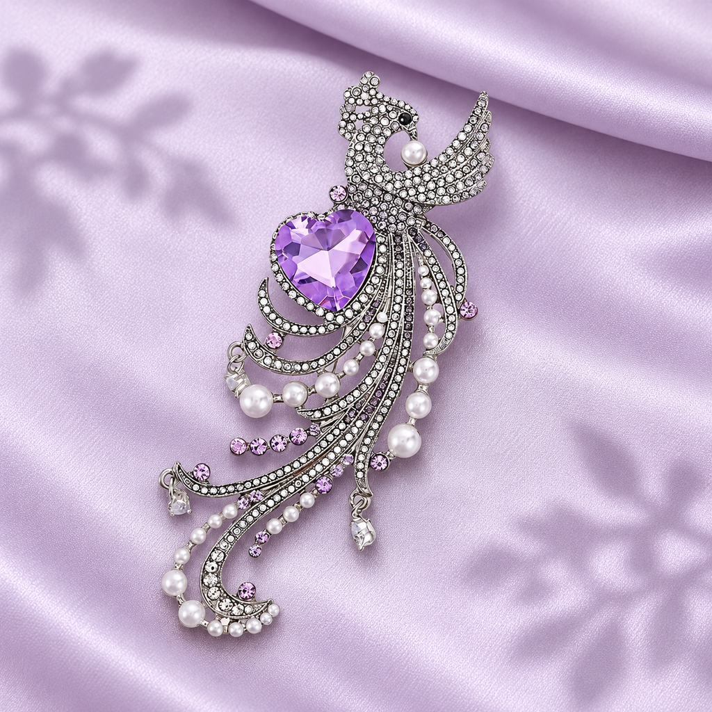Long-Tailed Bird with Purple Heart Brooch — styled background