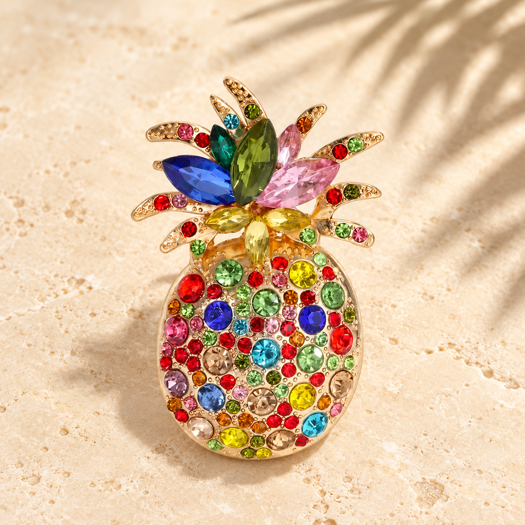 Multicolor Rhinestone Pineapple Brooch — styled background