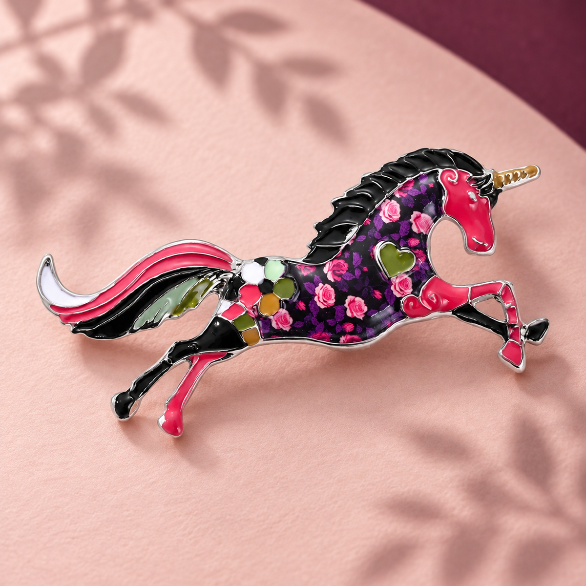 Floral Enamel Galloping Unicorn Brooch — styled background