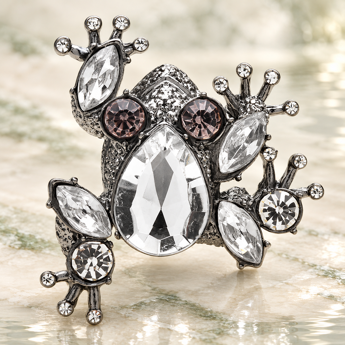 Clear Rhinestone Frog Brooch — styled background