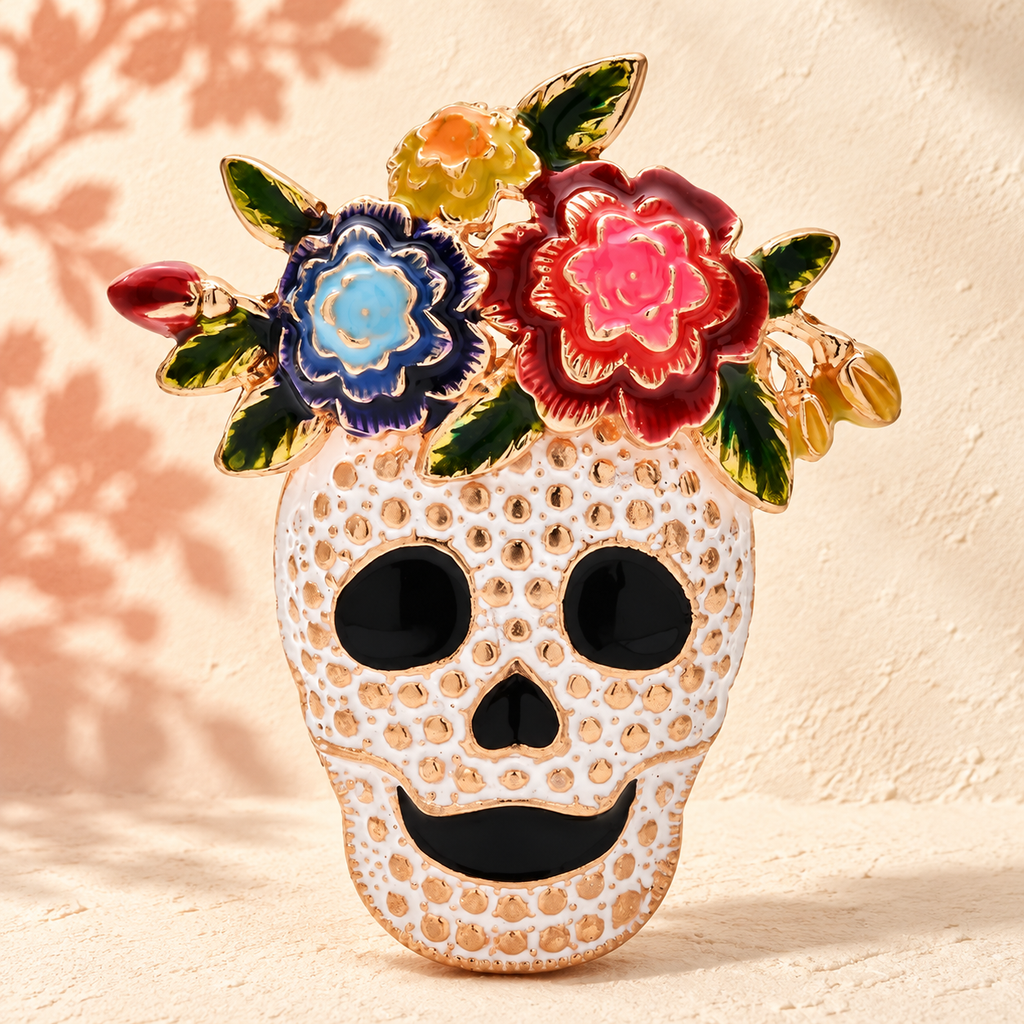 Floral Rhinestone Skull Brooch — styled background