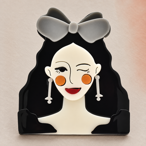 Acrylic Winking Lady with Bow Brooch — styled background