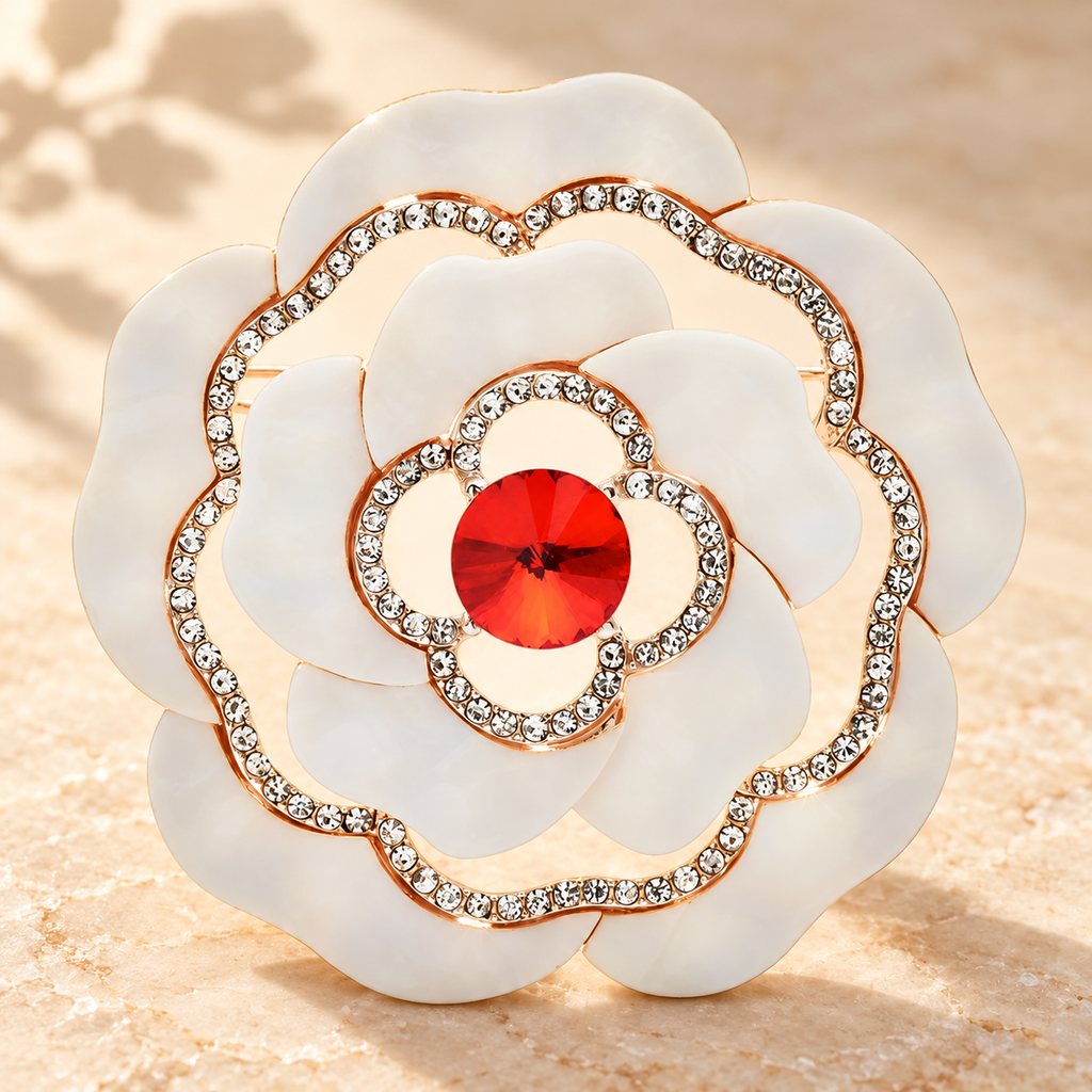 Layered White Flower with Faceted Center Brooch — styled background