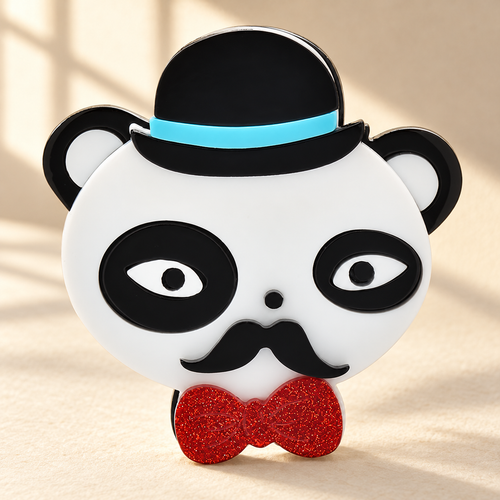 Acrylic Bear with Bowler Hat and Bow Tie Brooch — styled background