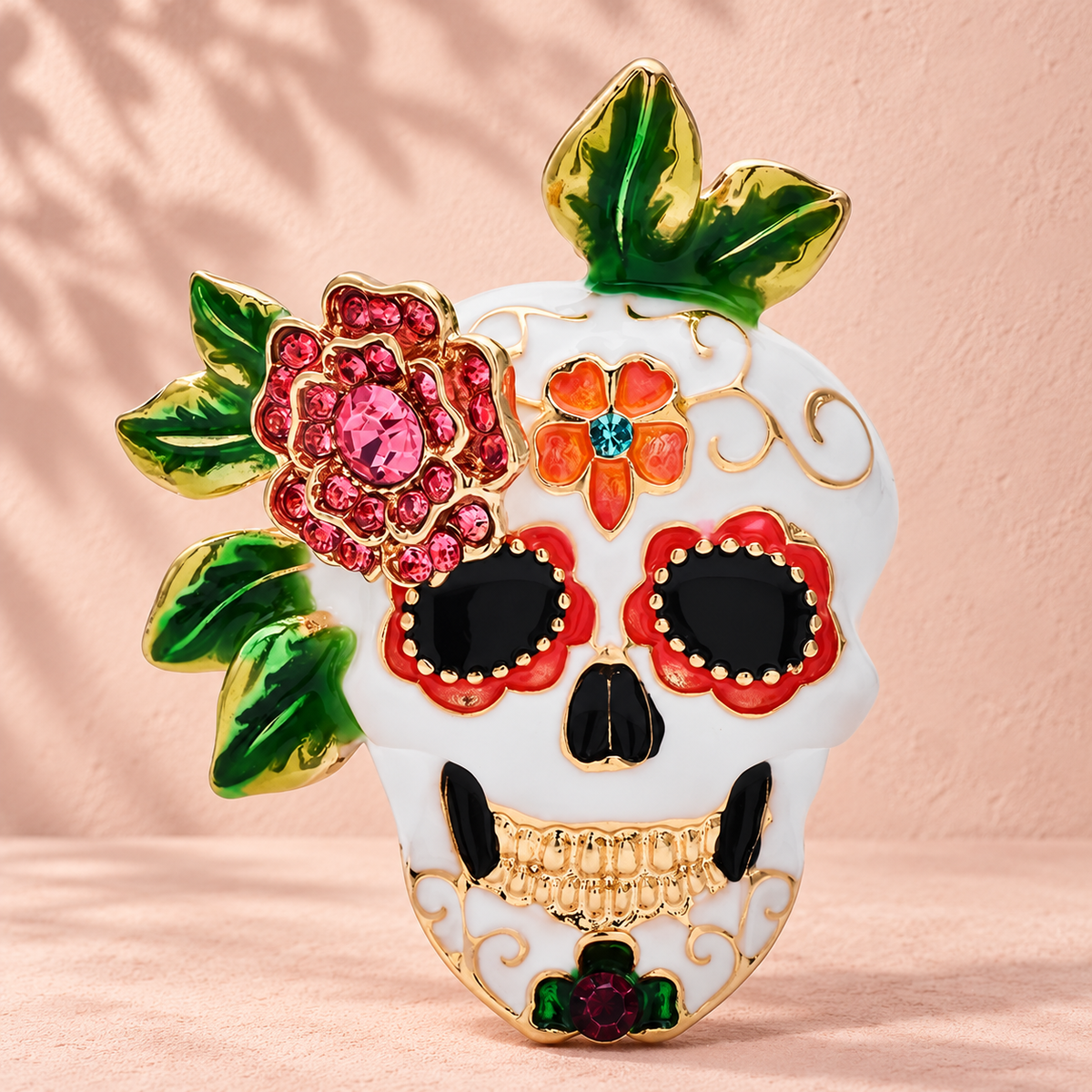 Floral Sugar Skull with Rose and Leaves Brooch — styled background