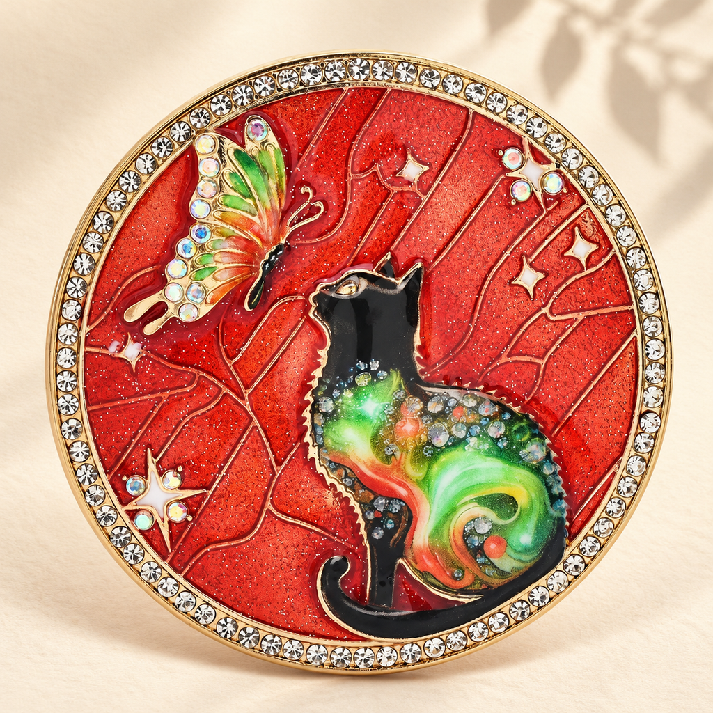 Cat and Butterfly Celestial Medallion Brooch — styled background