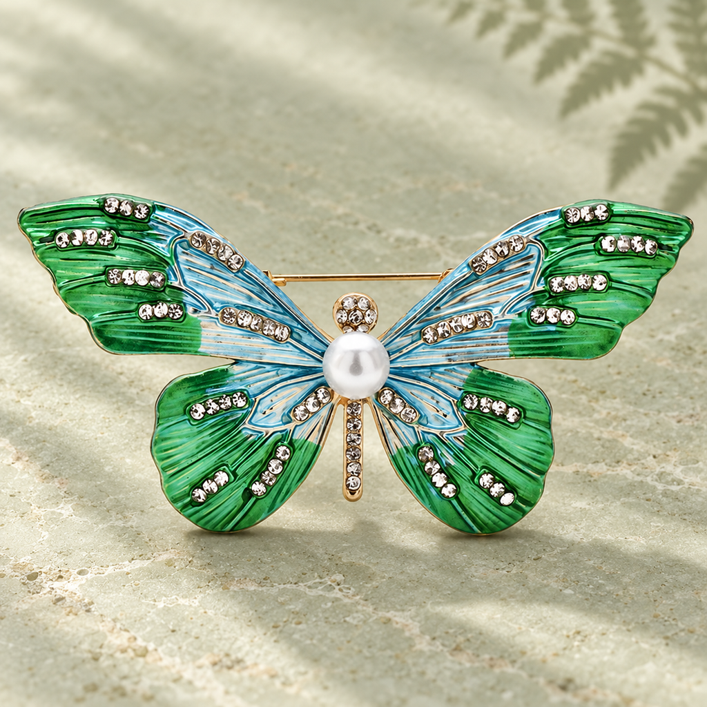 Enamel Butterfly with Sparkling Wing Stripes Brooch — styled background