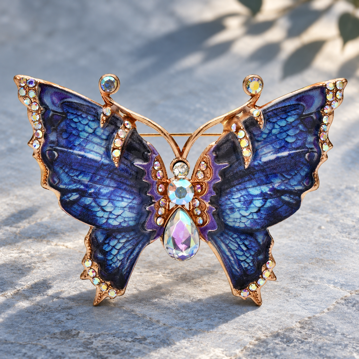 Patterned Enamel Butterfly with Scalloped Wings Brooch — styled background