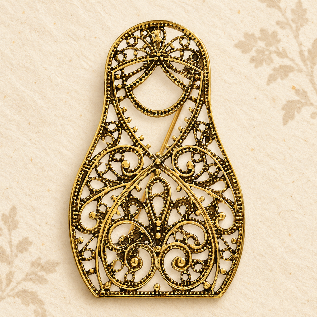 Vintage-Style Openwork Matryoshka Doll Brooch — styled background