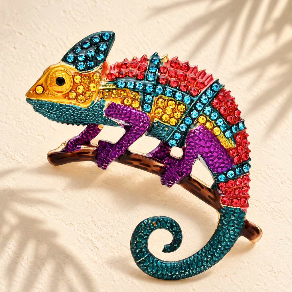 Multicolor Rhinestone Chameleon Brooch — styled background