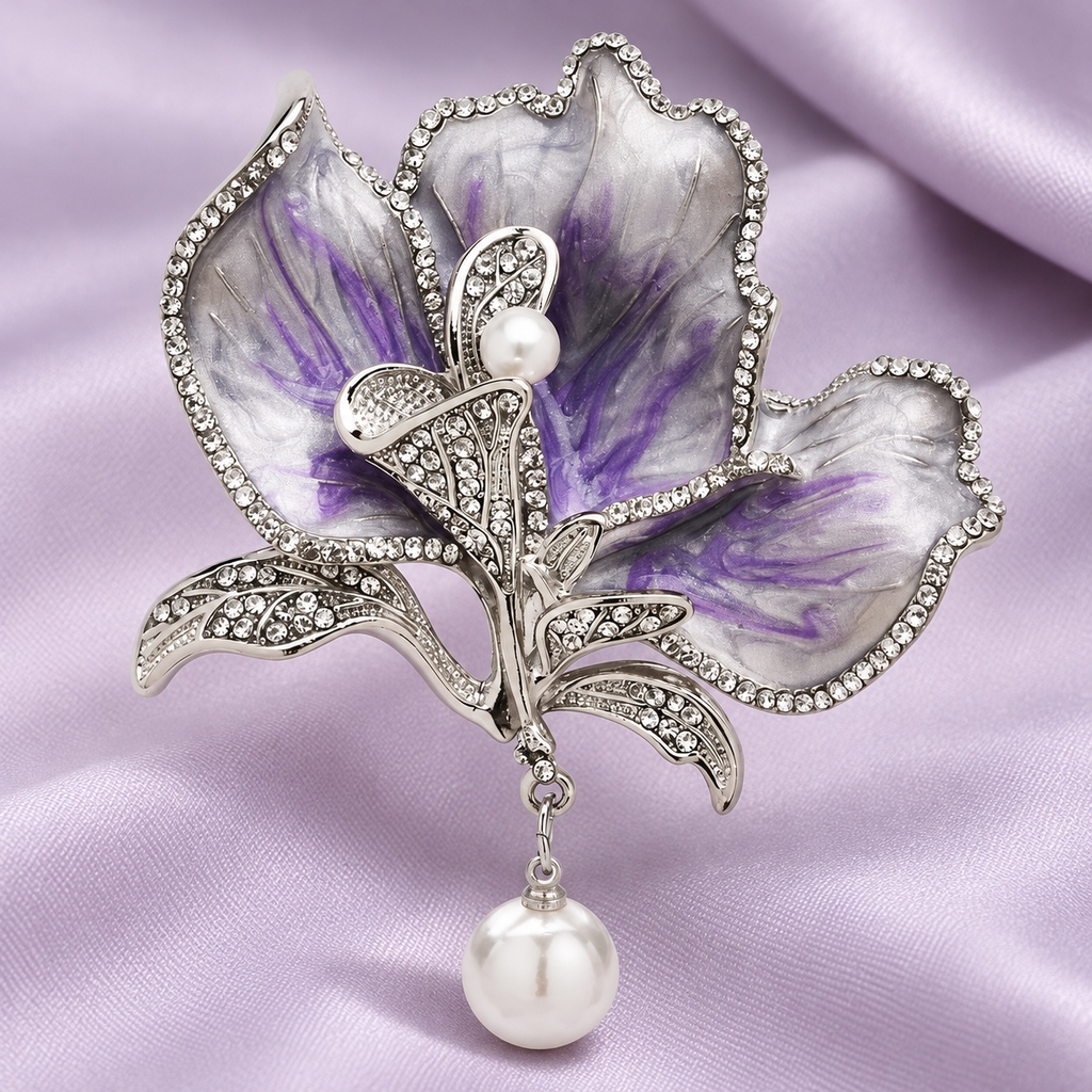 Purple Enamel Flower with Round Pearl-Look Drop Brooch — styled background