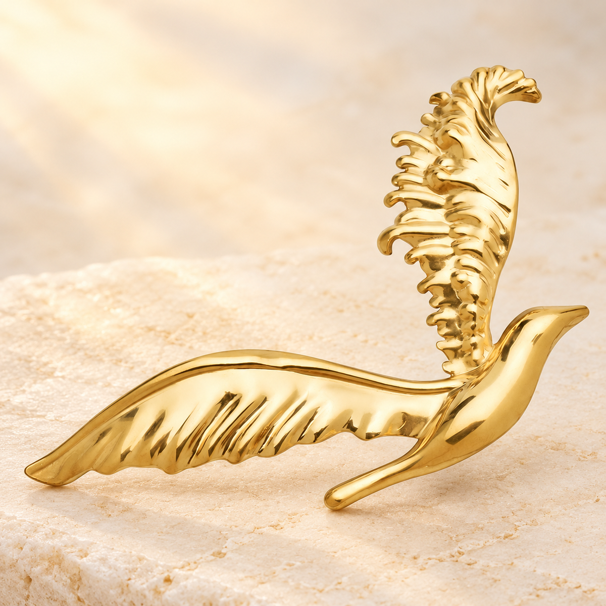 Polished Flying Bird with Outstretched Wings Brooch — styled background
