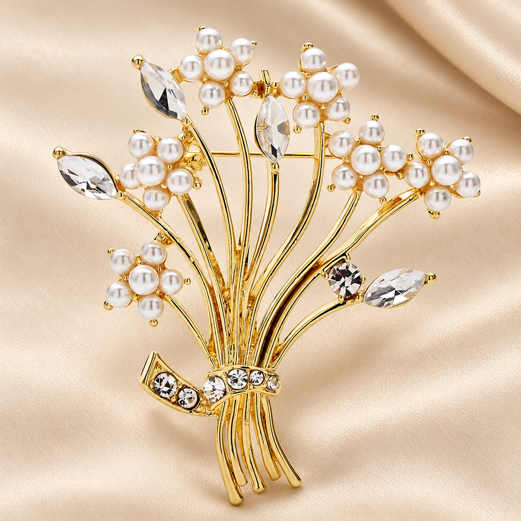 Pearl-Look Flower Bouquet Brooch — styled background