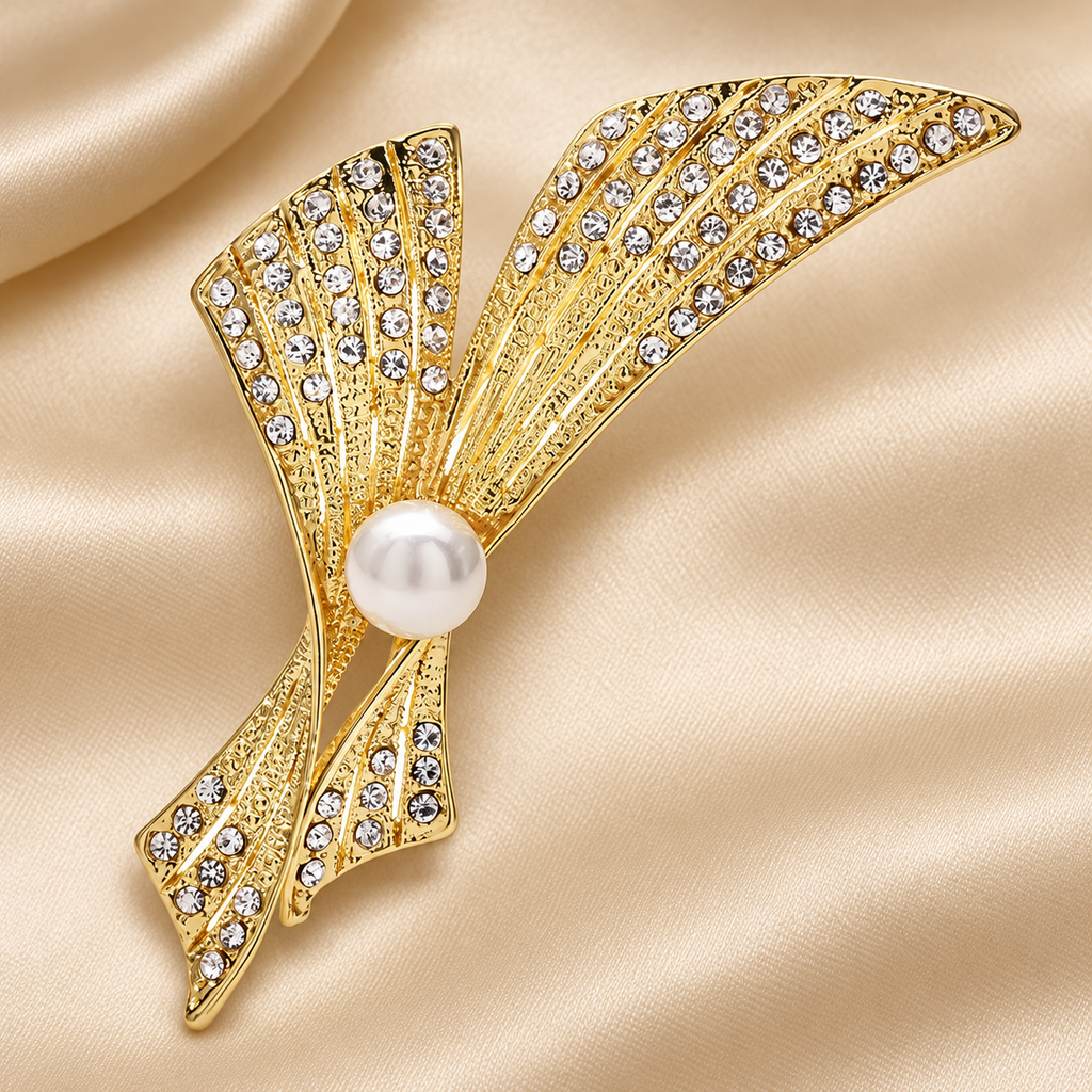 Rhinestone Ribbon Bow with Pearl-Look Center Brooch — styled background
